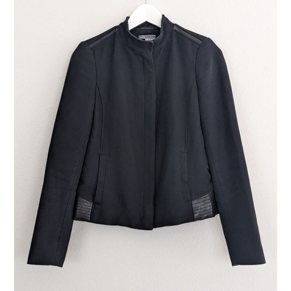 Vince Women's Cotton Jacket Leather Trim Zip Long Sleeve Snap Pocket XS Black